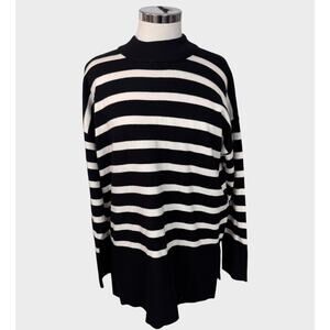 Liz Claiborne Large Black White Stripe Mock Neck Sweater Rayon Poly Nylon